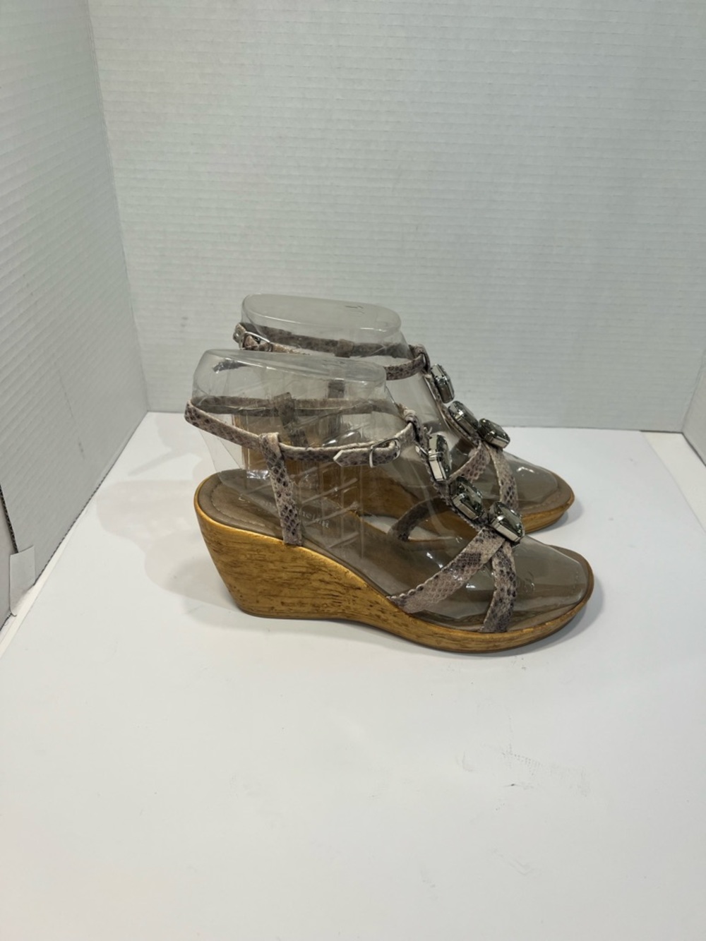 Taupe Snake-Print Wedge Sandals with Decorative Accents